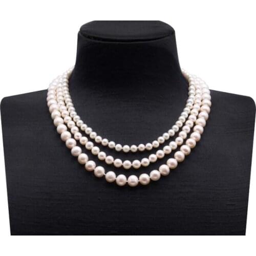 Women Jewelry 3 Rows natural pearl 6mm 8mm 10mm white round freshwater pearl necklace gift