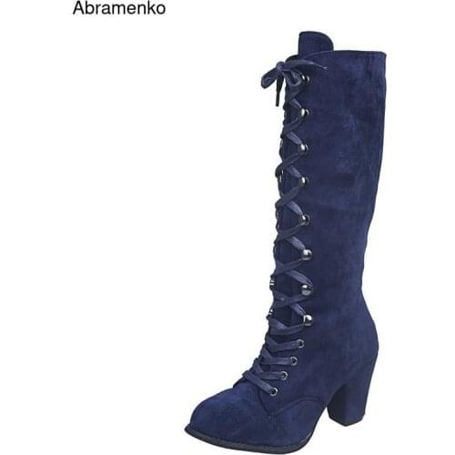 Women Over The Knee Boots Suede Woman Boots Round Toe High Heel Pums Shoes Black Winter Autumn Female Footwear Plus Size 35-43