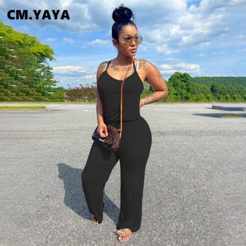 CM.YAYA Women Jumpsuit Solid Sleeveless Strap O-neck Elastic Waist Wide Leg Jumpsuits Casual Fashion Streetwear Summer Outfits