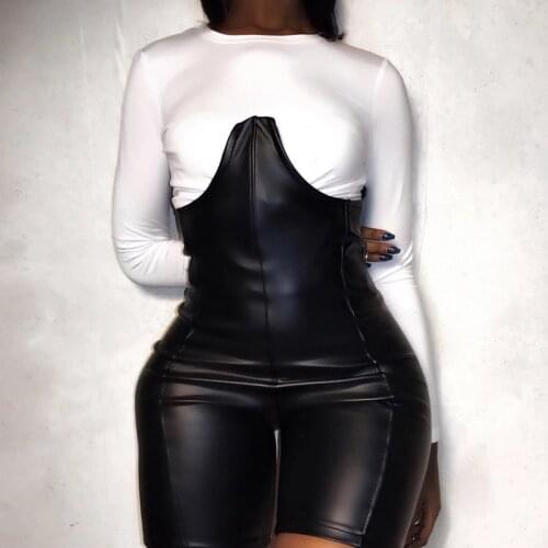 Women Sexy Outfits Two Piece Set Pu Fake Leather Playsuit Bodycon Stretch Short Jumpsuit Nightclub Tshirt 2 Piece Set Matching