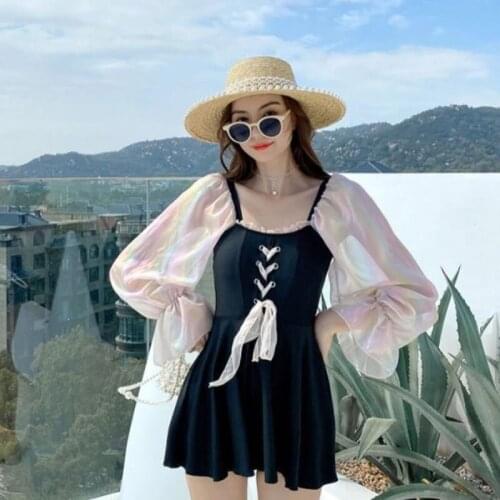 FRANATO swimwear Womens long-sleeved sunscreen and belly slimming dress-style swimwear