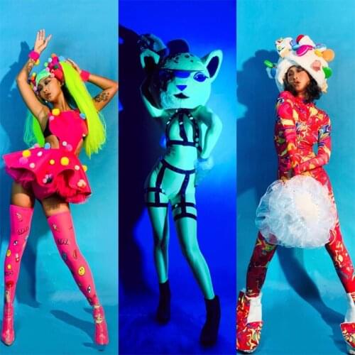 Fluorescent Fun Luminous Costumes Women Catwalk Clothing Leopard Head Dance Dress Festival Clothes Gogo Outfits Costume XS2063