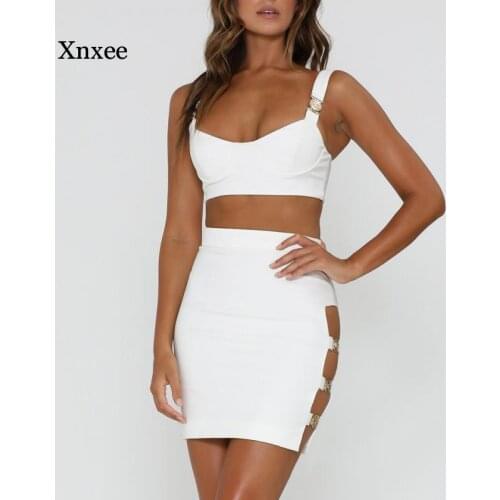 Female White Strap Mini Dress Bustier Crop Top and Cut Out Short Dress Two Piece Sleeveless Outfit Bodycon Dresses Clothing