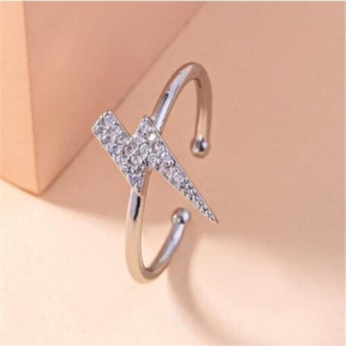 Simple Fine Adjustable Opening Crystal Lightning Ring Silver Color Finger Ring for Women Fashion Jewelry Accessories