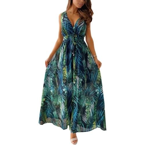 Y2K Women Summer Sleeveless Dress Adults Sexy Backless Leaf Print V-neck (Green, Blue, Black, White)