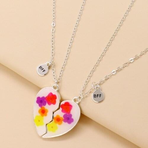 New Fashion Bff Heart Pendant Necklace - 2 pack Flower Enamel Broken Heart Pendant On Stainless Chains Necklace For Women