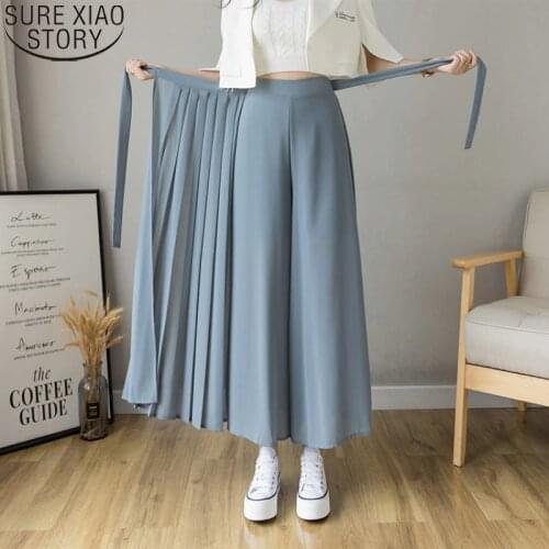 Wide-leg Pants Pleated Chiffon Skirt Pants for Womens Summer 2021 New Korean High Waist Large Elastic Waist Casual Pants 15888