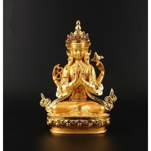 14.8cm Alloy Metal Gold Plated Buddhist Suppliers Avalokitesvara Bodhisattva Four-Arms Guanyin Tibetan Figure Buddha Statue