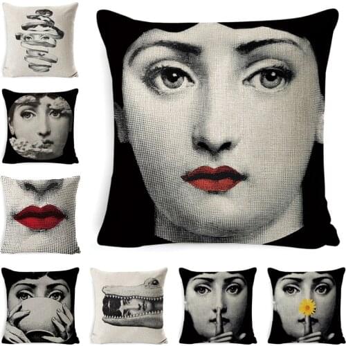 European Vintage Face Drawings Cushion Cover Red Lips Eyes Pillow Case Decorative Sofa Linen Cotton Cushions Pillows Covers
