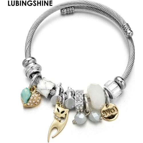 Exquisite Love Heart Charms Stainless Steel Bracelets Bangles Crystal Ball Animal Pendant Adjustable Bracelet Jewelry for Women