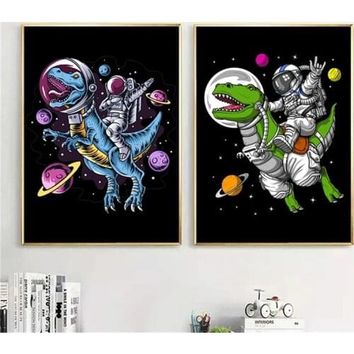 Astronaut Riding A Dinosaur Canvas Art Paintings Universe Cartoons Funny Poster and Prints Wall Art Picture for Home Decoration