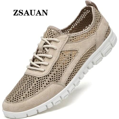 ZSAUAN Summer Mesh Men Loafers Big Size 38-46 Mens Sneaker Casual Versatile Pig Leather Men Flats Light Soft Draughty Bare