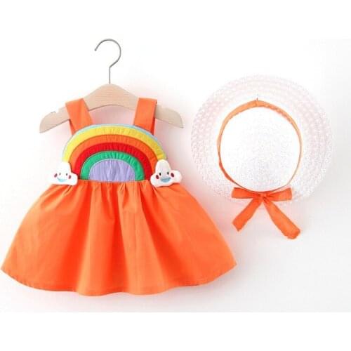 Summer Baby Infant Girls Clothes Cute Rainbow Cloud Sling Dress+Hat 2pcs Newborn Toddler Kids Sweet Sleeveless Cotton Clothing