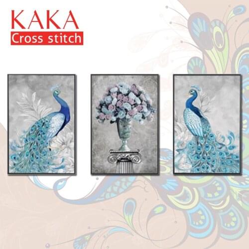 KAKA Cross stitch kits Embroidery needlework sets with printed pattern,11CT canvas,Home Decor for garden House,5D Peacock Flower