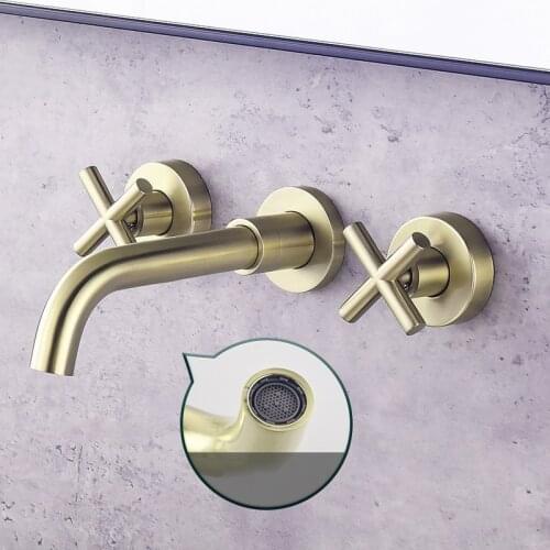 Wall Mounted Brushed gold Brass Bathroom sink faucet Three holes Two handle Basin mixer faucet Cold hot Top Quality Bath Tap