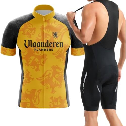 New Summer Belgium FLANDERS Cycling Jersey Sets Yellow Bike Clothing Wear Bib Shorts Gel Pad