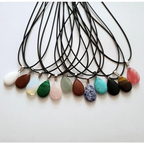 Wholesale 12pcs/lot Natural Stones Pendants Water drop pendulum Leather Chains Necklace reiki Fashion Jewelry