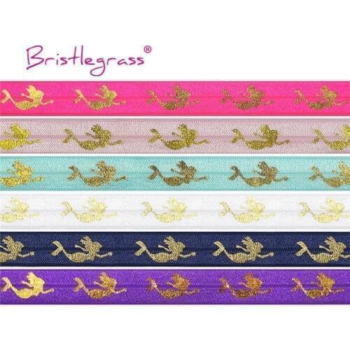 BRISTLEGRASS Wholesale 50 Yard 5/8" 15mm Mermaid Foil Print Foldover Elastic FOE Spandex Band Hair Tie Headband Dress DIY Sewing
