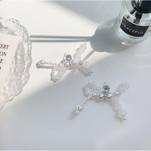 Origin Summer Korean Fashion White Pearls Bowknot Drop Earrings for Women Transparent Crystal Beads Knotted Dangle Earring Gifts