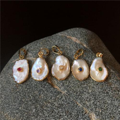 FUWO Natural Freshwater Pearls Pendant With Gold Zircon Charm Bizarre Shape Pears Jewelry Supplies Wholesale PD602