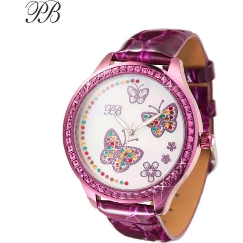 PB Watch Pearl&Crystal Butterfly Dancing Reloj Mujer Fashion Leather Strap Women Watches Waterproof Quartz