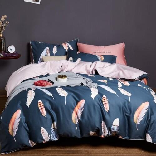 Luxury Egyptian cotton bedding set feather print design duvet cover sheets pillowcases cute satin bedclothes bedlinen #s