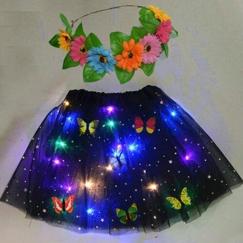 Women Girls Gift New Year Christmas LED Tutu Skirt Light up Flower Wreath Xmas Girls Elf Costume Cosplay Fairy Stick 2-8 YEAR