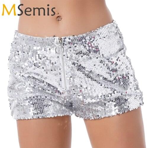 Sexy Silver High Waisted Sequin Shorts O-Ring Zip Front Bodycon Shorts with Pockets Rave Bottoms Festival Clothing Booty Shorts