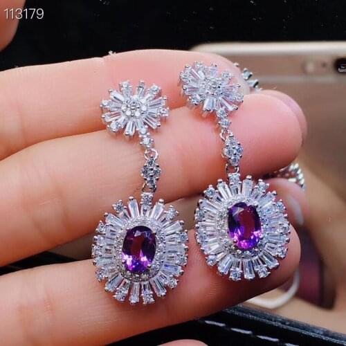 Natural amethyst drop earrings 925 silver Natural purple crystal earring drop Earrings fashion Sun flower women party jewelry