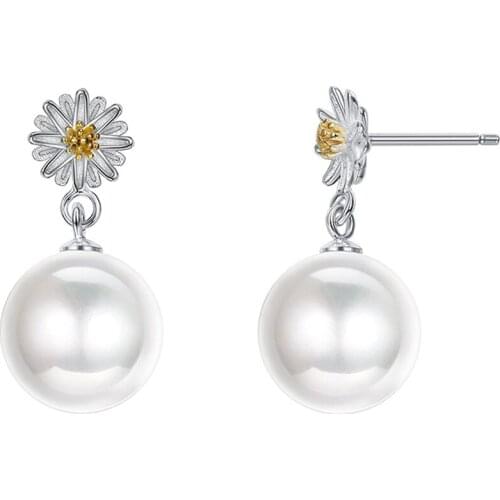 SILVERHOO 925 Sterling Silver Little Daisy Drop Earrings For Women Elegant Pearl Earrings Famale Engagement Party Trendy Jewelry