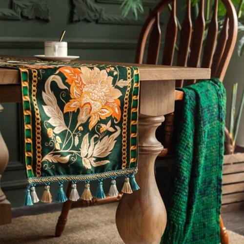 American Style Dark Green Table Runner With Tassel TV Cabinet Shoe Cabinet Coffee Table Decoration Floral Velvet Table Runners