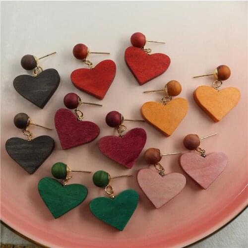 Vintage Boho Heart Wooden Red Green Drop Dangle Earrings For Women Fashion Natural Wood Earring Female Korean Jewelry