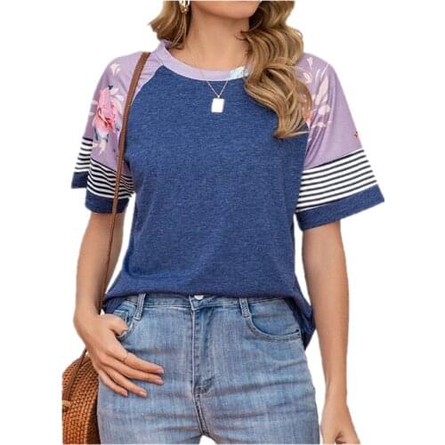 Women Summer Floral Print Patchwork T-shirt Short Sleeve O Neck Stripes Tops Loose Casual Pullover Female Basic Tees Top