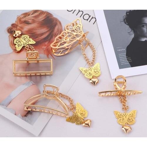 2021 Vintage Gold Butterfly Love Pendant Hair Claw Clip For Women Girl Geometric Hair Claw Clamps Hairpin Hair Accessories