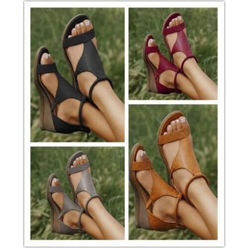 Ladies Casual Mid Heels Wedge Summer Beach Gladiator Open Toe Elastic Sandals Roman Style Vintage PU Leather Womens Shoes
