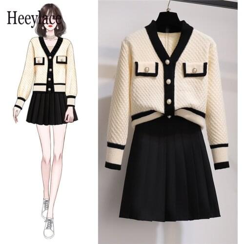 Women Autumn Winter Knitted Sets Korean Patchwork Long Sleeve Peal Button Cardigan+Pleated Mini Skirt Two Pieces Set Elegant Set