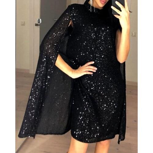 Women Shiny Glitter Mock Neck Cape Design Sequins Dress Party Club Dress Vestidos