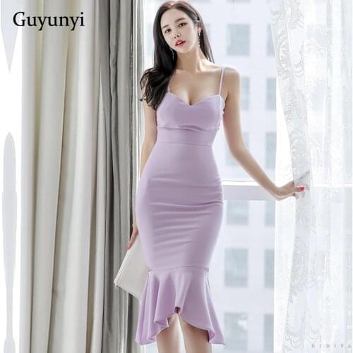 Purple Elegant Party Dress 2021 Summer High Waist Sexy Sleeveless Spaghetti Strap Ruffled Fishtail Hem Temperament Womens Dress