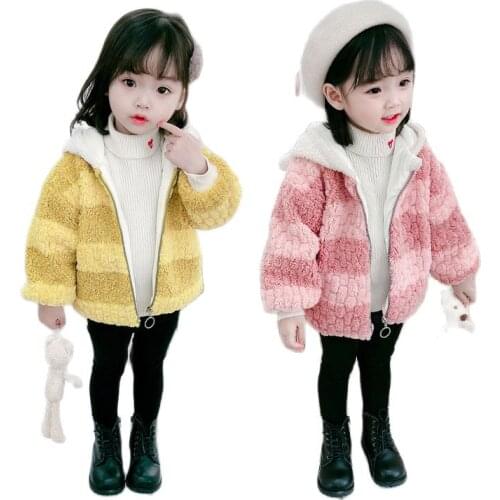 Winter Jackets Girls Hooded Hair Baby girls Cashmere Clothes Toddler Kids Outerwear Fashion Wool Coat Girls 1-8years Clothing
