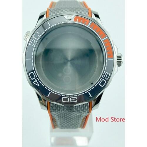 200M Waterproof Black 1/4 Orange Ceramic Bezel Diver Sea-Master Style Watch Case Gray Strap Fit ETA2836 GMT Mov't