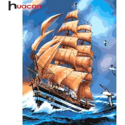 Huacan Diamond Painting Sailboat Full Square/round Embroidery Cross Stitch Sea Ship Mosaic Crystal Wall Stickers