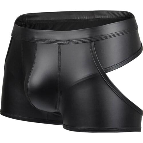Buttocks Hollow Men Boxer Shorts Low Waist Sexy Nightclub Stage Patent Leather Sissy Panties Gays Underwear Cuecas Masculinas