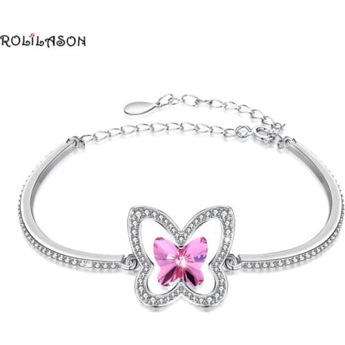 ROLILASON Butterfly Animal Shape pink zircon Party Gift for Friends 925 Sterling Silver Bracelet Fashion Jewelry LB005