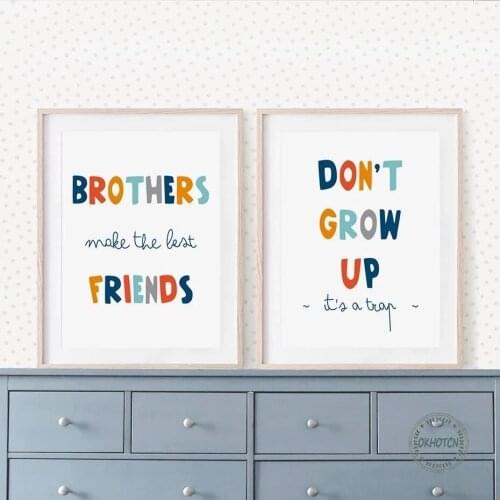Brothers Grow Up Poster and Print Funny Colorful Letters Quotes Canvas Painting Wall Art Pictures for Boys Kids Playroom Decor