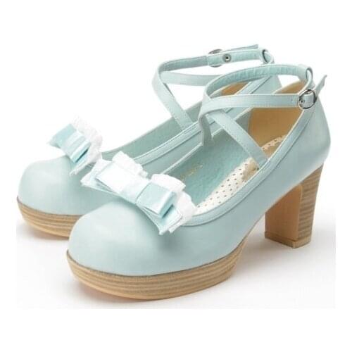 New Lace Ruffled Bow College Student Cosplay Leather Lolita Shoes Daily Duty Wear Cute Rough heels Show High Thin Gift Japanese