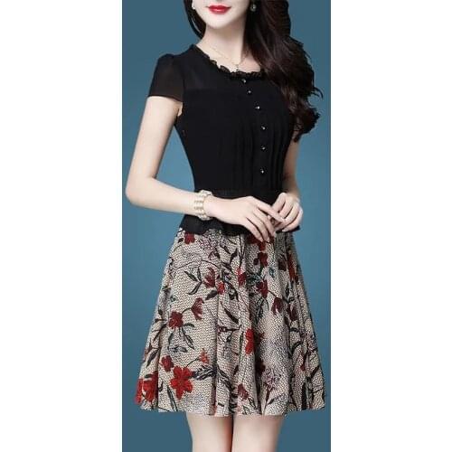 M-4XL Elegant Fashion Floral Slim O-Neck Button Patchwork Vintage Plus Size Chiffon Summer Mother Party Cocktail Dresses 9750