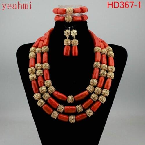 Coral Beads Statement Necklace Set Chunky Bib Beads African Jewelry Fashion Real Coral Necklace Set Dubai Free Shipping HD367-1