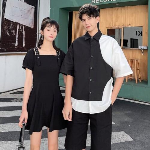 Fashionable couple outfit female girdle skirt male design feeling splices two shirts couples clothes couples clothing