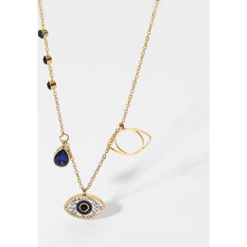 Fashion Jewelry Custom Zircon 18K Gold Plated Stainless Steel Chain 3 Blue Eyes Rhinestone Pendant Necklaces Women