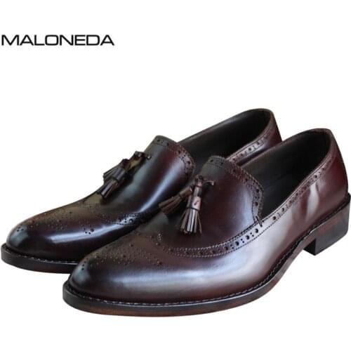 MALONEDA Custom Brogue Style Handmade Mens Tassel Shoes Genuine Cow Leather Comfortable Slip On Loafers With Goodyear Welted